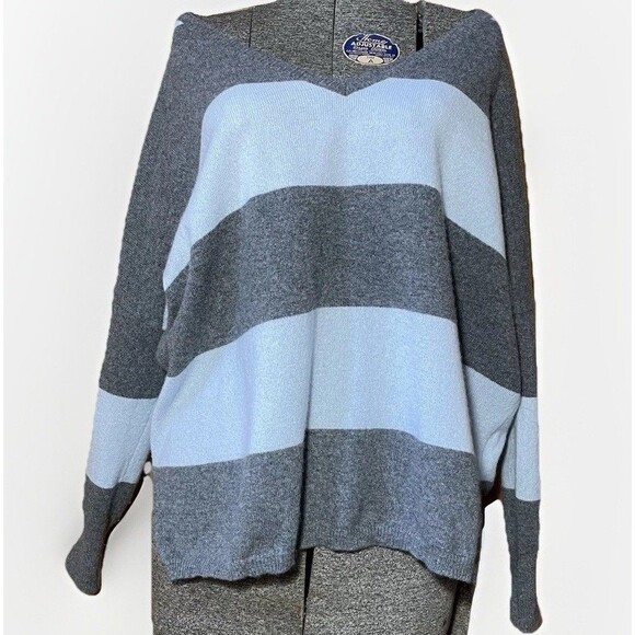 Minnie Rose 100% Cashmere Sweater Gray Blue Stripe V-Neck Pullover Womens  XS/S - Picture 1 of 7
